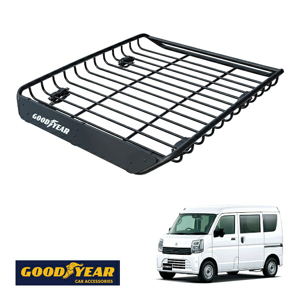 【GOODYEAR正規品】 スチール ルーフラック MEGA PRO 1341mm&times;124mm&times;1105mm 耐荷重100kg ブラック 組み立て式 GOODYEARロゴ入り ルーフキャリア バスケット ベースキャリア装着車両 カーゴネット スズキ エブリイ DA17型｜トラックチューナーズ店