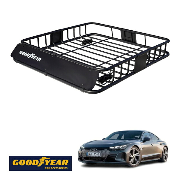 【GOODYEAR正規品】 スチール ルーフラック ROAD PRO 1111mm×158mm×993mm 耐荷重100kg ブラック 組み立て式 GOODYEARロゴ入り ルーフキャリア バスケット ベースキャリア カーゴネット アウディ RS e-トロンGT FW|トラックチューナーズ店