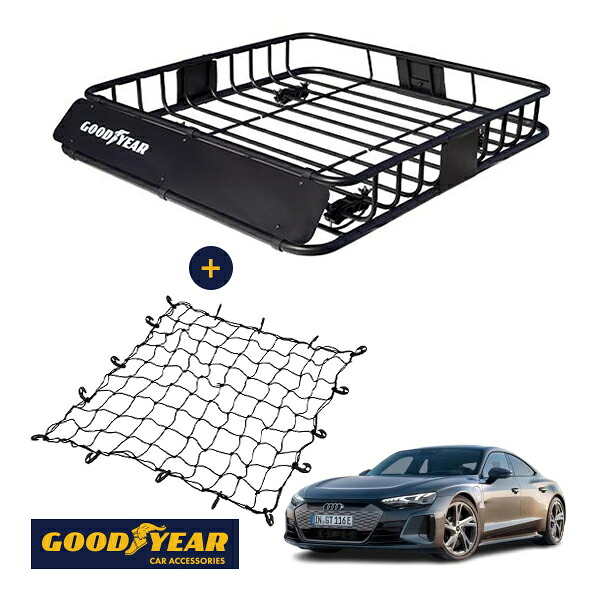 【GOODYEAR正規品】 スチール ルーフラック ROAD PRO ＋ ルーフネット セット 1111mm&times;158mm&times;993mm 耐荷重100kg ブラック 組み立て式 GOODYEARロゴ入り ルーフキャリア バスケット ベースキャリア装着車両 アウディ RS e-トロンGT FW｜トラックチューナーズ店