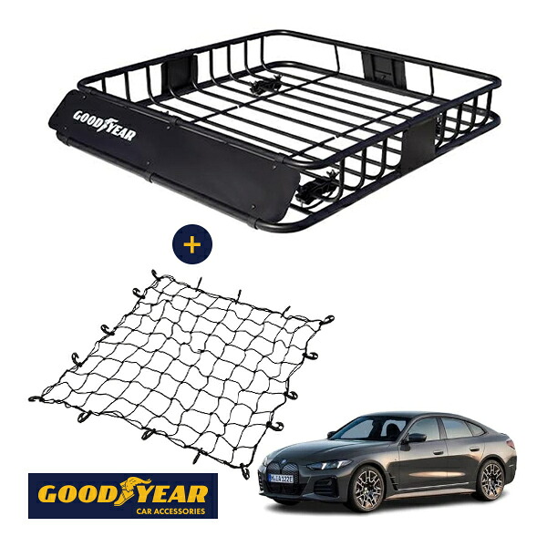 【GOODYEAR正規品】 スチール ルーフラック ROAD PRO + ルーフネット セット 1111mm×158mm×993mm 耐荷重100kg ブラック 組み立て式 GOODYEARロゴ入り ルーフキャリア バスケット ベースキャリア装着車両 BMW i4 G26|トラックチューナーズ店