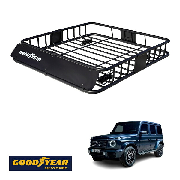 【GOODYEAR正規品】 スチール ルーフラック ROAD PRO 1111mm×158mm×993mm 耐荷重100kg ブラック 組み立て式 GOODYEARロゴ入り ルーフキャリア バスケット ベースキャリア カーゴネット メルセデスベンツ Gクラス W463 ゲレンデ|トラックチューナーズ店