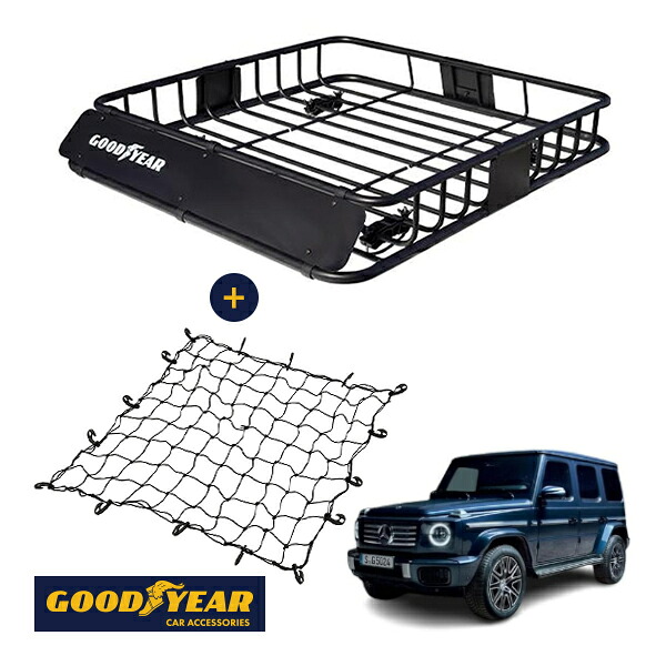 【GOODYEAR正規品】 スチール ルーフラック ROAD PRO + ルーフネット セット 1111mm×158mm×993mm 耐荷重100kg ブラック 組み立て式 GOODYEARロゴ入り ルーフキャリア バスケット ベースキャリア装着車両 メルセデスベンツ Gクラス W463 ゲレンデ|トラックチューナーズ店