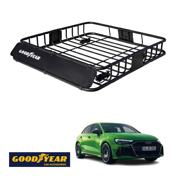 【GOODYEAR正規品】 スチール ルーフラック ROAD PRO 1111mm×158mm×993mm 耐荷重100kg ブラック 組み立て式 GOODYEARロゴ入り ルーフキャリア バスケット ベースキャリア カーゴネット アウディ RS3スポーツバック GY|トラックチューナーズ店