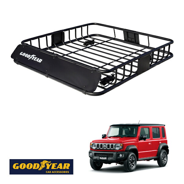 【GOODYEAR正規品】 スチール ルーフラック ROAD PRO 1111mm&times;158mm&times;993mm 耐荷重100kg ブラック 組み立て式 GOODYEARロゴ入り ルーフキャリア バスケット ベースキャリア カーゴネット スズキ ジムニーノマド JC74W｜トラックチューナーズ店
