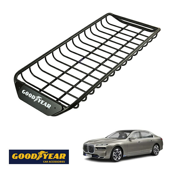 【GOODYEAR正規品】 スチール ルーフラック SKINNY PRO 1470mm&times;590mm&times;124mm 耐荷重75kg ブラック 組み立て式 GOODYEARロゴ入り ルーフキャリア バスケット ベースキャリア カーゴネット BMW i7 G70｜トラックチューナーズ店