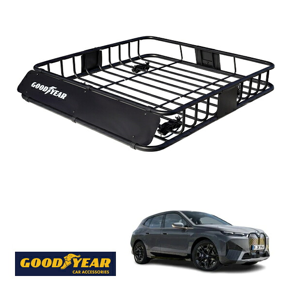 【GOODYEAR正規品】 スチール ルーフラック ROAD PRO 1111mm×158mm×993mm 耐荷重100kg ブラック 組み立て式 GOODYEARロゴ入り ルーフキャリア バスケット ベースキャリア カーゴネット BMW iX i20|トラックチューナーズ店