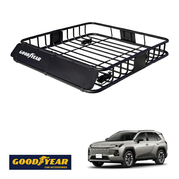 【GOODYEAR正規品】 スチール ルーフラック ROAD PRO 1111mm&times;158mm&times;993mm 耐荷重100kg ブラック 組み立て式 GOODYEARロゴ入り ルーフキャリア バスケット ベースキャリア カーゴネット トヨタ RAV4 50系 60系｜トラックチューナーズ店