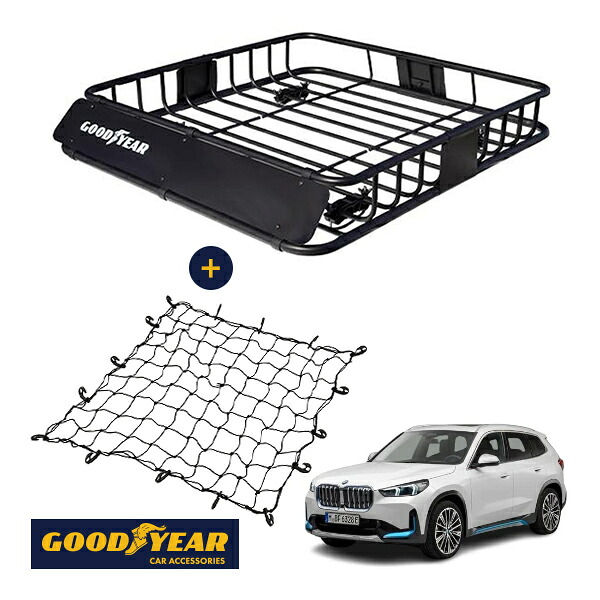 【GOODYEAR正規品】 スチール ルーフラック ROAD PRO ＋ ルーフネット セット 1111mm&times;158mm&times;993mm 耐荷重100kg ブラック 組み立て式 GOODYEARロゴ入り ルーフキャリア バスケット ベースキャリア装着車両 BMW iX1 U11｜トラックチューナーズ店