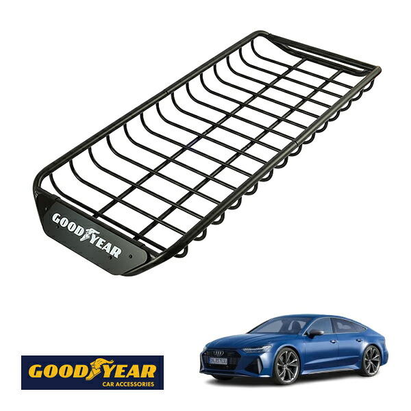 【GOODYEAR正規品】 スチール ルーフラック SKINNY PRO 1470mm&times;590mm&times;124mm 耐荷重75kg ブラック 組み立て式 GOODYEARロゴ入り ルーフキャリア バスケット ベースキャリア カーゴネット アウディ RS7スポーツバック パフォーマンス F2｜トラックチューナーズ店