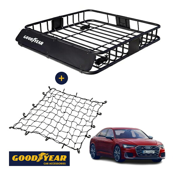 【GOODYEAR正規品】 スチール ルーフラック ROAD PRO + ルーフネット セット 1111mm×158mm×993mm 耐荷重100kg ブラック 組み立て式 GOODYEARロゴ入り ルーフキャリア バスケット ベースキャリア装着車両 アウディ S6 F2|トラックチューナーズ店