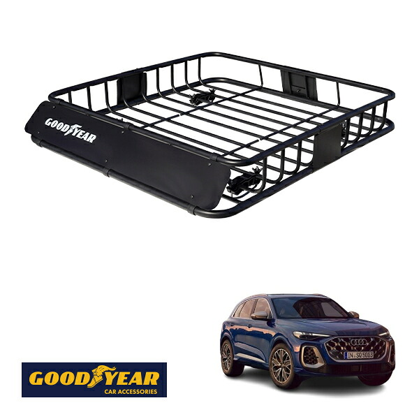 【GOODYEAR正規品】 スチール ルーフラック ROAD PRO 1111mm×158mm×993mm 耐荷重100kg ブラック 組み立て式 GOODYEARロゴ入り ルーフキャリア バスケット ベースキャリア カーゴネット アウディ SQ5 FY GU|トラックチューナーズ店