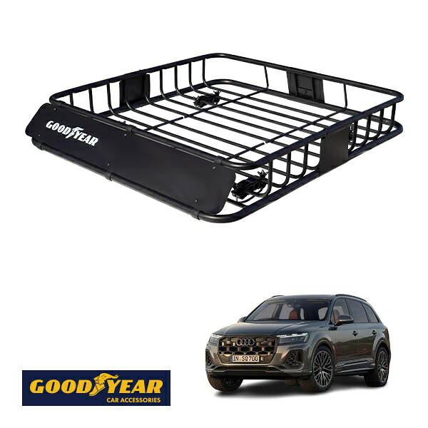 【GOODYEAR正規品】 スチール ルーフラック ROAD PRO 1111mm&times;158mm&times;993mm 耐荷重100kg ブラック 組み立て式 GOODYEARロゴ入り ルーフキャリア バスケット ベースキャリア カーゴネット アウディ SQ7 F1｜トラックチューナーズ店