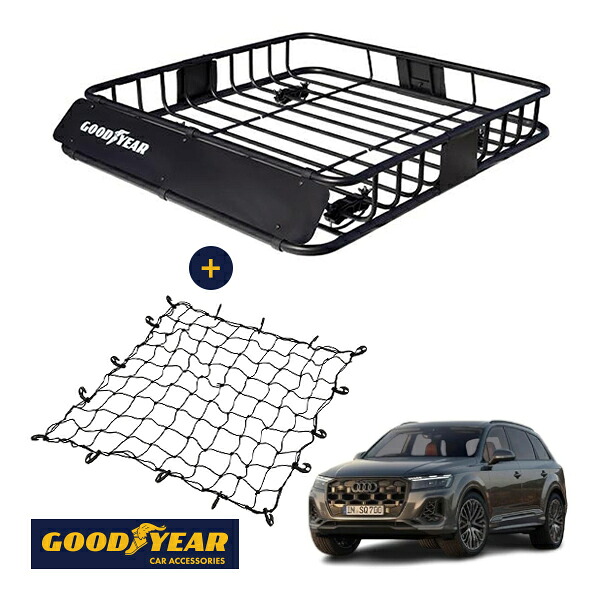 【GOODYEAR正規品】 スチール ルーフラック ROAD PRO + ルーフネット セット 1111mm×158mm×993mm 耐荷重100kg ブラック 組み立て式 GOODYEARロゴ入り ルーフキャリア バスケット ベースキャリア装着車両 アウディ SQ7 F1|トラックチューナーズ店