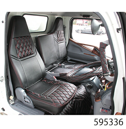 【シートカバーCOMBI（ふそう2トンブルーテックキャンター標準車用）運転席+助手席セット】トラック用品 トラック用 トラック シートカバー ダブルステッチ　ダブルキルト　赤ステッチ　黒ステッチ　ステッチ　糸黒　糸赤　JET　ジェットイノウエ　ブラック　車種別
