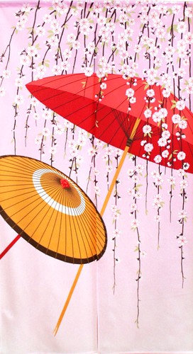 のれん 85x150cm 番傘としだれ桜 和風 コスモ 目隠し 好評