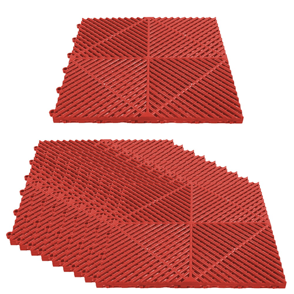 ガレージタイル ガレージマット 10枚セット レッド 赤 マットのみ はめ込み 置き敷き バイク 車 自転車 駐車場 屋外 屋内 メッシュ 通気性 軽量 ショールーム 倉庫 テラス イベント フロアタイル ジョイント フロアデッキ エクステリア ガーデン画像