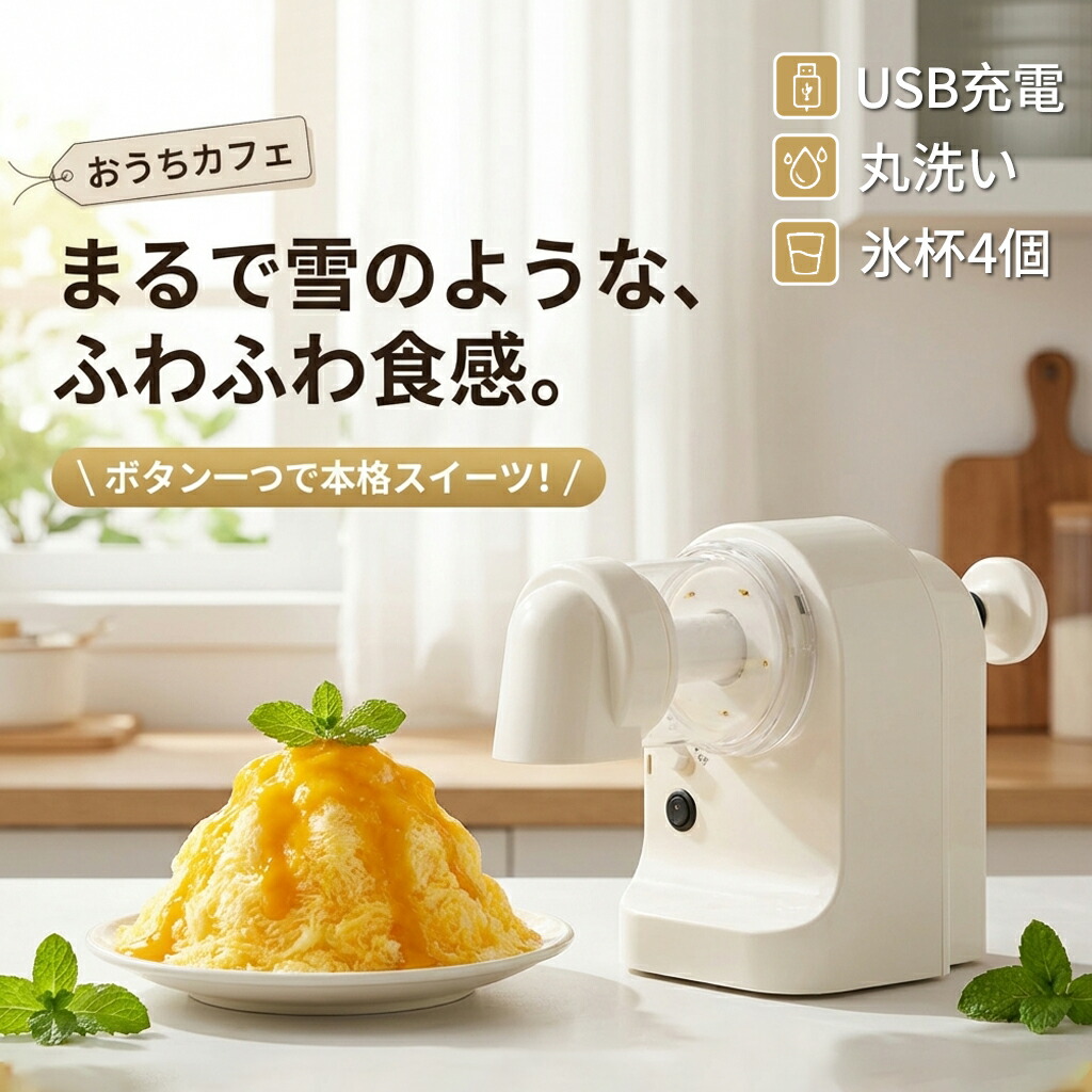 【専用カップ4個付】 かき氷器 電動 ふわふわ コードレス USB充電式 かき氷機 家庭用 台湾風 雪花氷 ワンタッチ 自動 丸洗いOK 洗いやすい おしゃれ コンパクト 子供 キャンプ アウトドア 夏休み おうちカフェ 氷かき機 オフホワイト ギフト プレゼント 送料無料