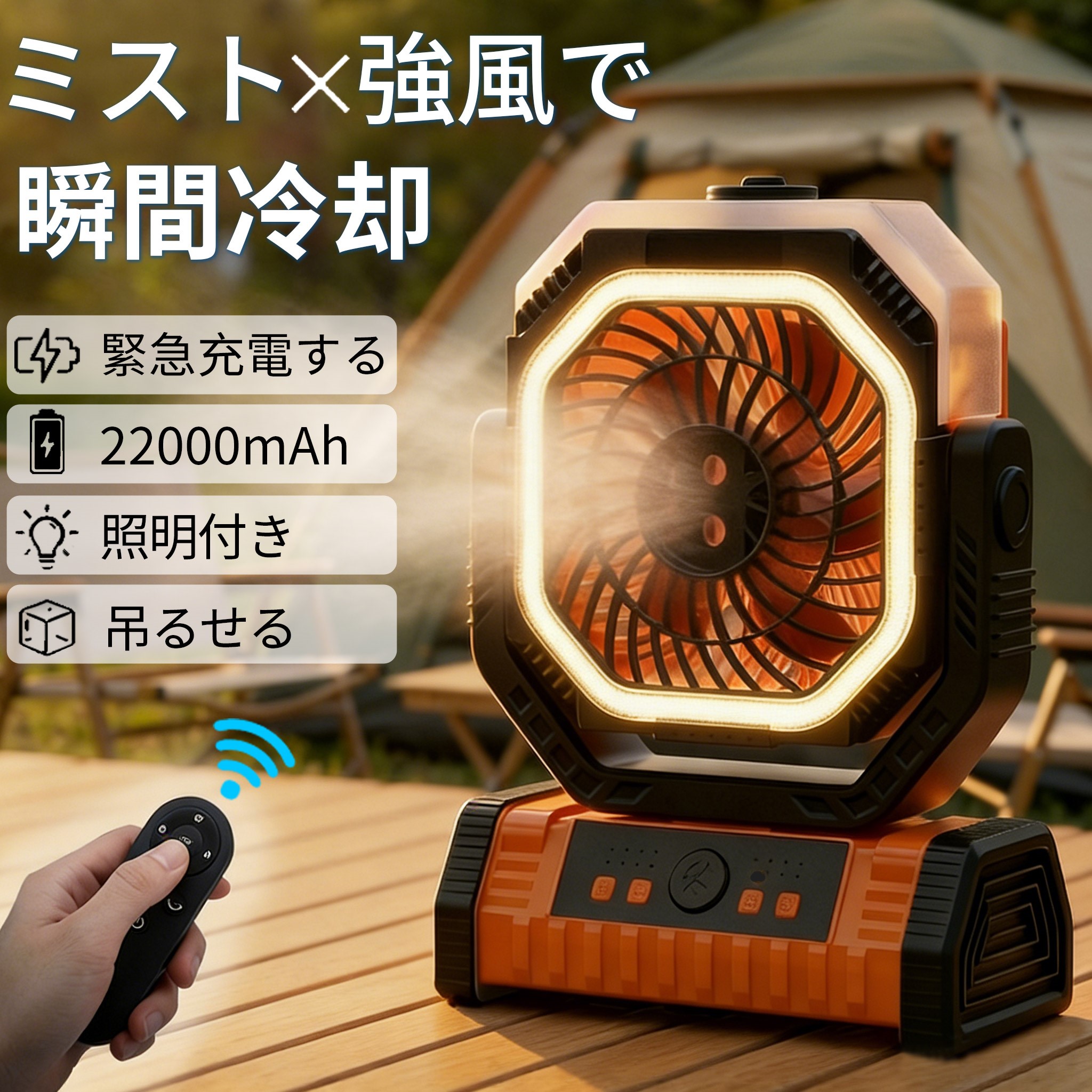 【加湿・22000mAh・LED照明】アウトドア 扇風機 キャンプ 扇風機 ミストファン 加湿×照明 22000mAh大容量 強力送風 コードレス クリップ 卓上 置き型 46時間連続使用 4段階風量 霧吹き ファン USB充電式 LED ライト リモコン付き 静音 吊り下げ 緊急時充電 車中泊 暑さ対策 6,825円