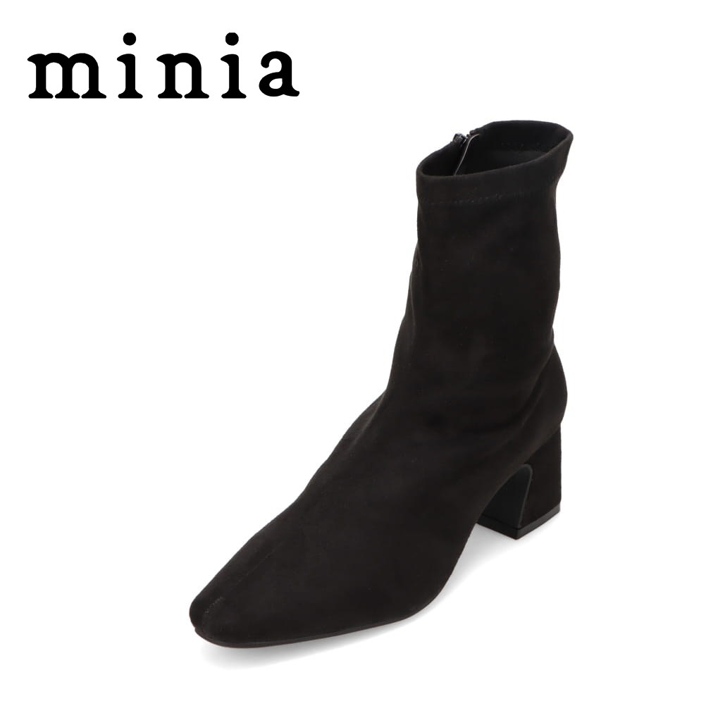【全品P15倍！14日20:00～28H限定】ミニア minia AS-1160 レディース靴 靴 シューズ 2E相当 ブーツ ショート 歩きやすい フィット ポインテッドトゥ スクエアトゥ 美脚 脚長 シンプル ブラック×スエード TSRC