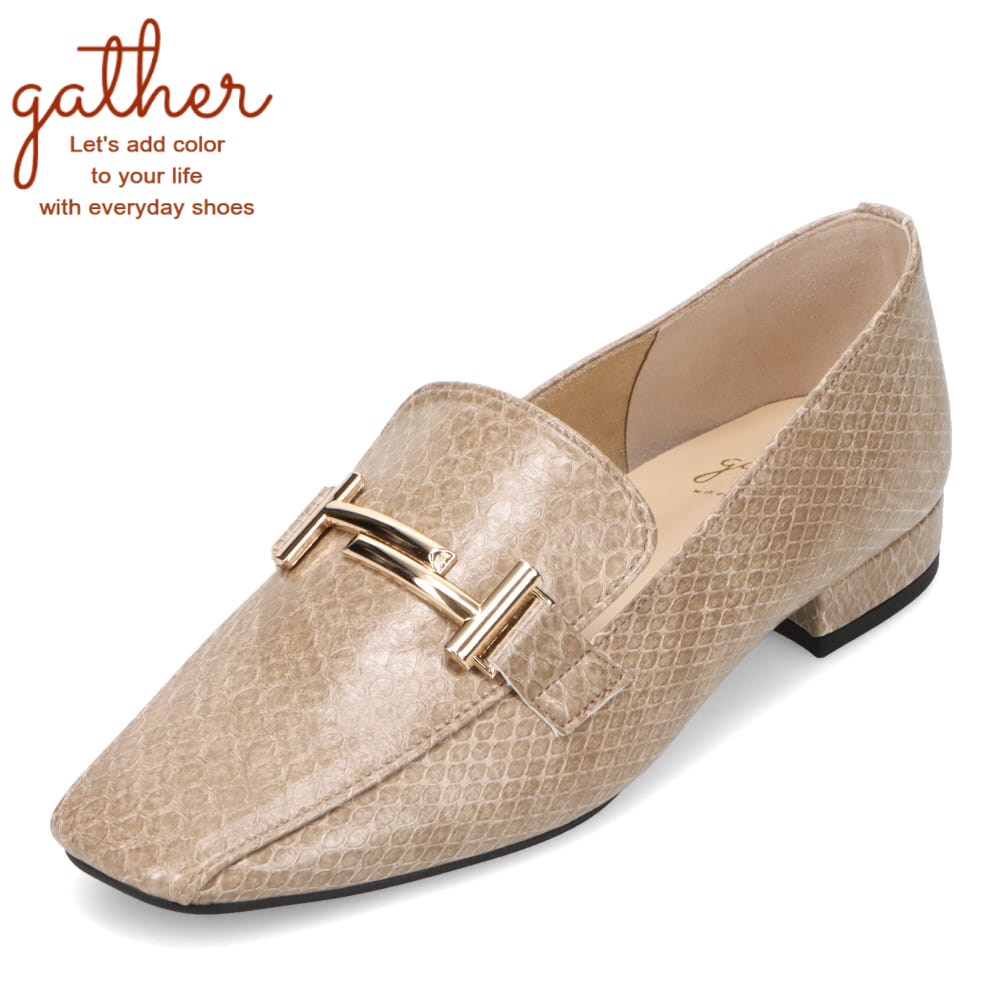 【全品P5倍！6日～9日まで】ギャザー gather G-042 レディース靴 靴 シューズ 2E ローファー マニッシュシューズ オフィス 通勤 ビジネス クッション性 日本製 ゴールド 金具 ビット メタル スクエアトゥ オーク TSRC