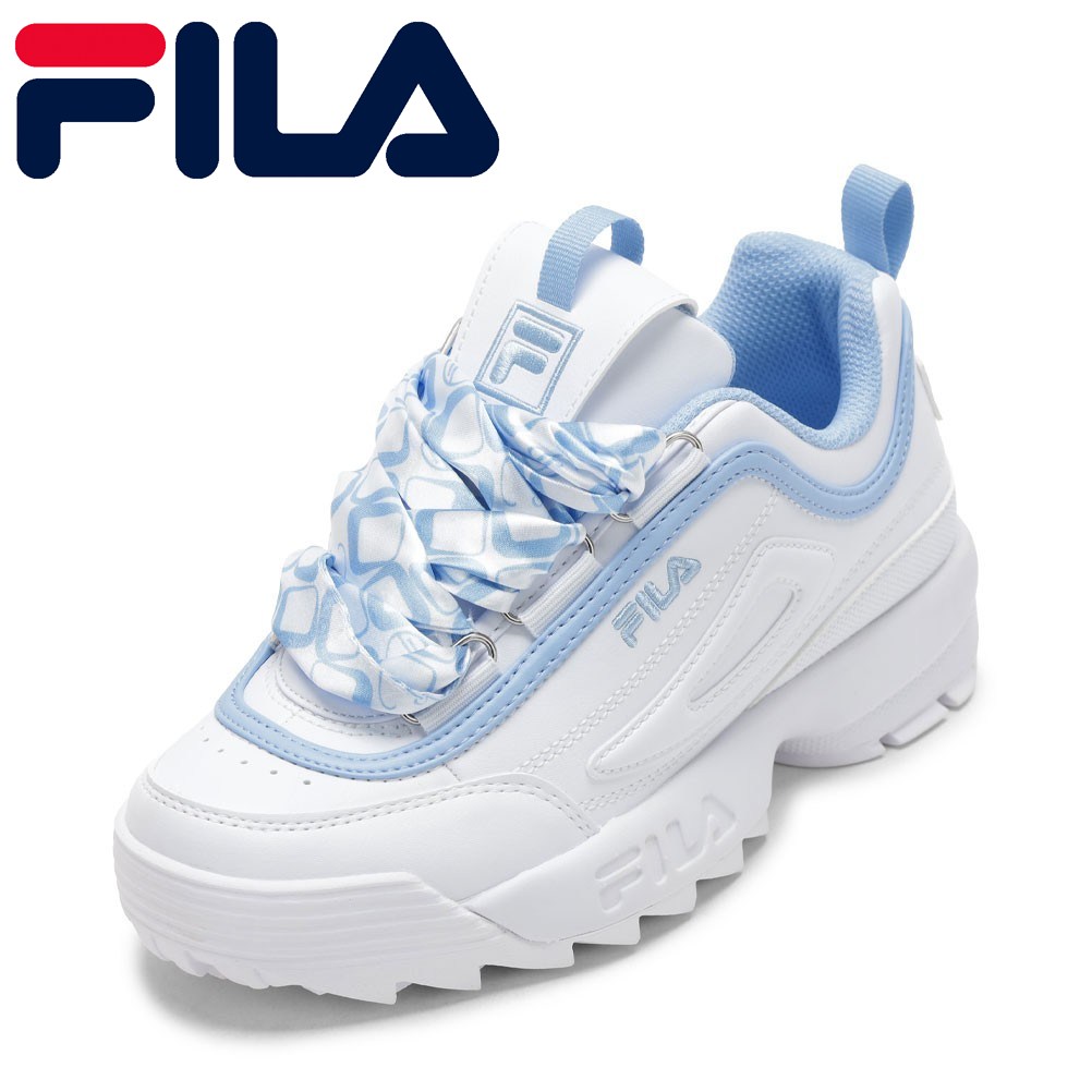 【全品P5倍！6日～9日まで】フィラ FILA FM0101021101 レディース靴 靴 シューズ 2E スニーカー ダッド シューズ 厚底 ボリュームソール DISRUPTOR 2 SCARF リボン スカーフ サテン ローカットスニーカー 人気 ブランド ホワイト×ブルー TSRC