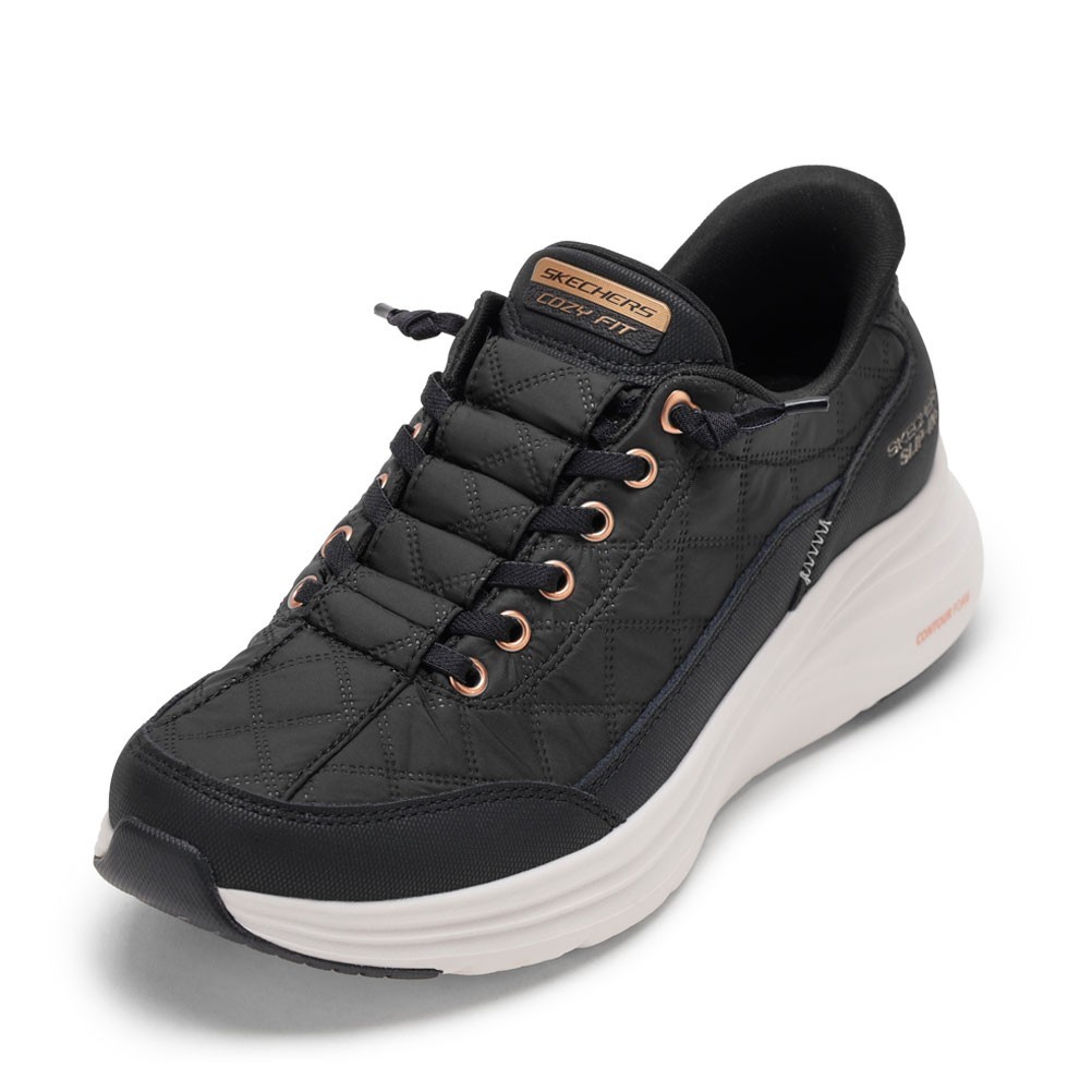 スケッチャーズ SKECHERS 150413 レディース靴 靴 シューズ 2E スニーカー ローカットスニーカー ハンズフリー スリップインズ クッション性 CONTOUR FOAM-GOLD ストレッチ キルティング 人気 ブランド ブラック×ゴールド TSRC
