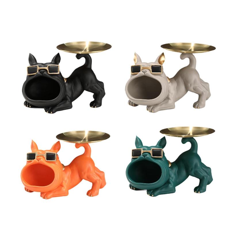 犬 ブルドッグ 像 キーホルダー トレイ ボウル 小物入れ 皿 コスメトレイ 11x6.7x7インチ 樹脂彫刻 浴室.テレビキャビネット用 かわいい