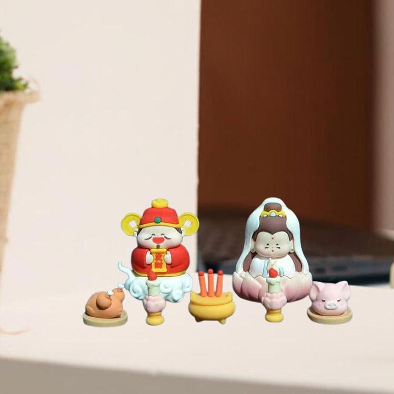 中国の神の彫像セットカーデスク飾りフレンドギフトコレクティブル樹脂ミニチュア彫刻のための春祭りのキャビネット