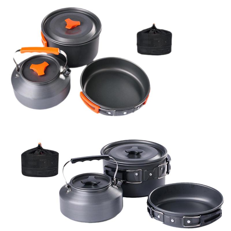 キャンプ用調理器具セット3点.キャンプ用調理器具メスキット.アルミ合金フライパンティーポットケトル.屋外バーベキューピクニックトレッキング用
