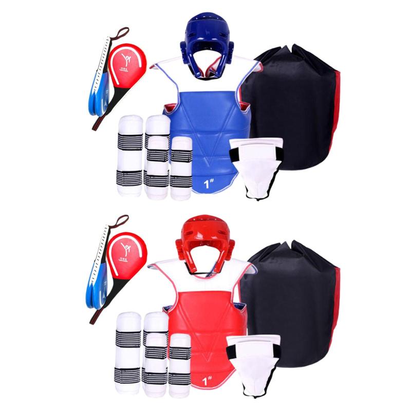 テコンドー防具6点セット すね当て付き プロフェッショナル空手スパーリングギアセット スパーリングトレーニング サンダ MMA用