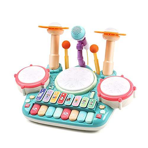Cute Stone 楽器 おもちゃ 5in1遊び方 ドラムセット ピアノ 子供おもちゃ マイク付き 4種類 ピアノモード ドラムモード 鍵盤楽器 ライト効果 多機能 知育玩具 誕生日プレゼント
