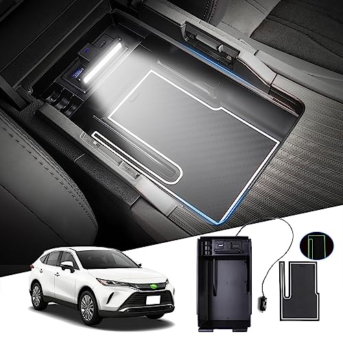 Auto Spec トヨタ ハリアー 80系 内蔵型コンソールボックス Harrier R2.06～現行 MXUA8# AXUH8# 2ポートUSB充電付き 車内収納ボックス 3Dトレイ 小物入れ 車種専用設計 内装 パーツ 滑り止め ラバーマット1点付き 収納アクセサリー 装着簡単 (ハリアー 80系, LEDセンサーライ