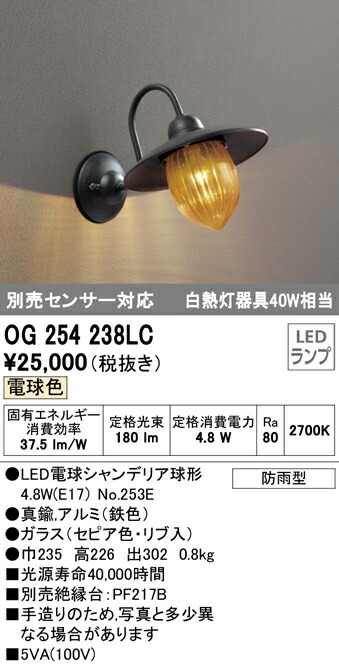 LEDポーチライト OG254238LC 電球色 エクステリア 照明器具 オーデリック 別売センサ対応 白熱灯40W相当