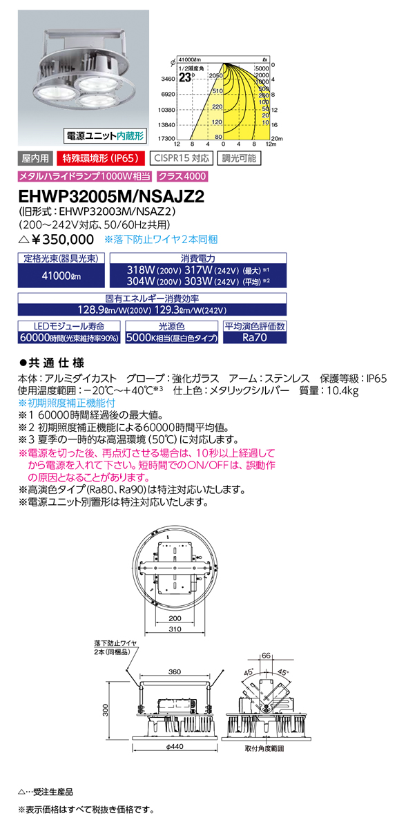 照明器具やエアコンの設置工事も承ります 電設資材の激安総合ショップ Ehwp305m Nsajz2led高天井用照明 レディオック その他 ハイベイ 3w メタルハライドランプ1000w相当 アルファ アルファ 特殊環境形 Ip65 3w メタルハライドランプ1000w相当 クラス4000中角