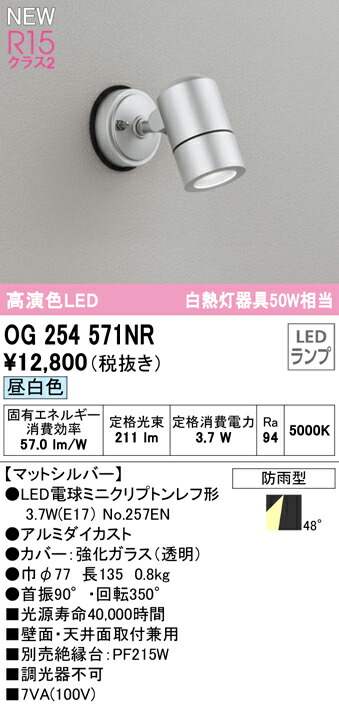 SALE／62%OFF】 OG254571NRエクステリア LEDスポットライト 白熱灯器具50W相当高演色R15 クラス2 昼白色 非調光 防雨型 オーデリック 照明器具 アウトドアライト 壁面 天井面取付兼用 van-vroeger-en-toen.nl