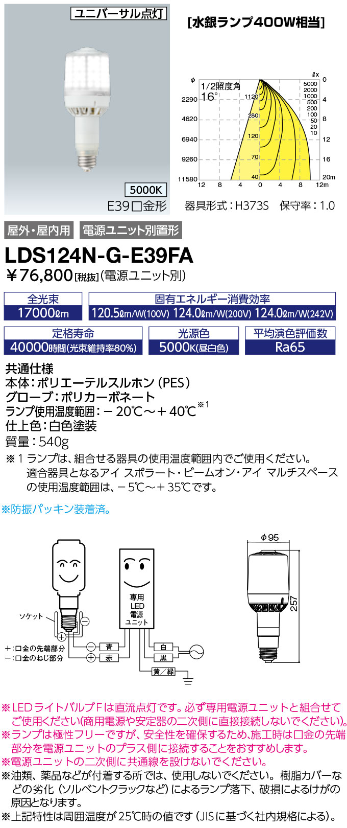 LDS124N-G-E39FAレディオック LEDライトバルブF水銀ランプ400W相当