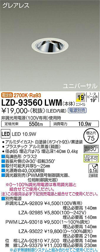 LZD-93560LWM＜br /＞LEDユニバーサルダウンライト＜br /＞グレアレス 埋込穴φ75＜br /＞800クラス φ50 ダイクロハロゲン75W形65W相当 高演色Ra93＜br /＞電源別売 19°中角形 電球色(2700K)＜br /＞大光電機 施設照明