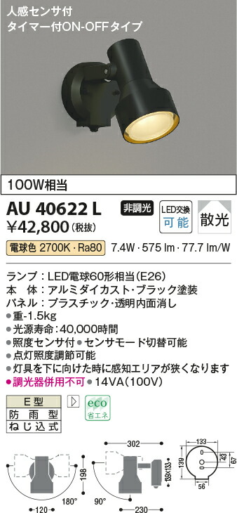 AU40622Lエクステリア LEDスポットライト人感センサー付タイマー付ON-OFFタイプ 散光非調光 電球色 防雨型 白熱球100W相当コイズミ照明  照明器具 庭 勝手口 バルコニー用 ライトアップ用照明 【SEAL限定商品】