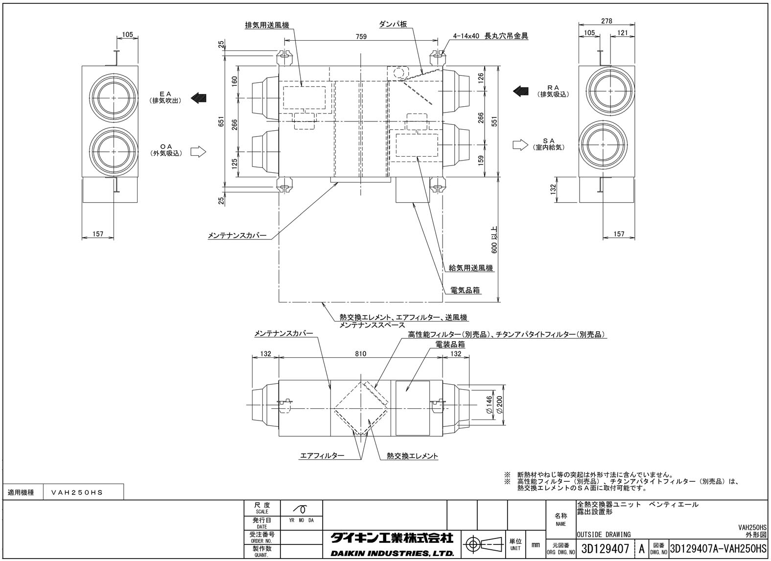 楽天市場 Vah250hsダイキン 業務用換気機器全熱交換器ユニット ベンティエール露出設置形 250立方メートル Hタイプ 単相100v用 タカラshop 楽天市場店