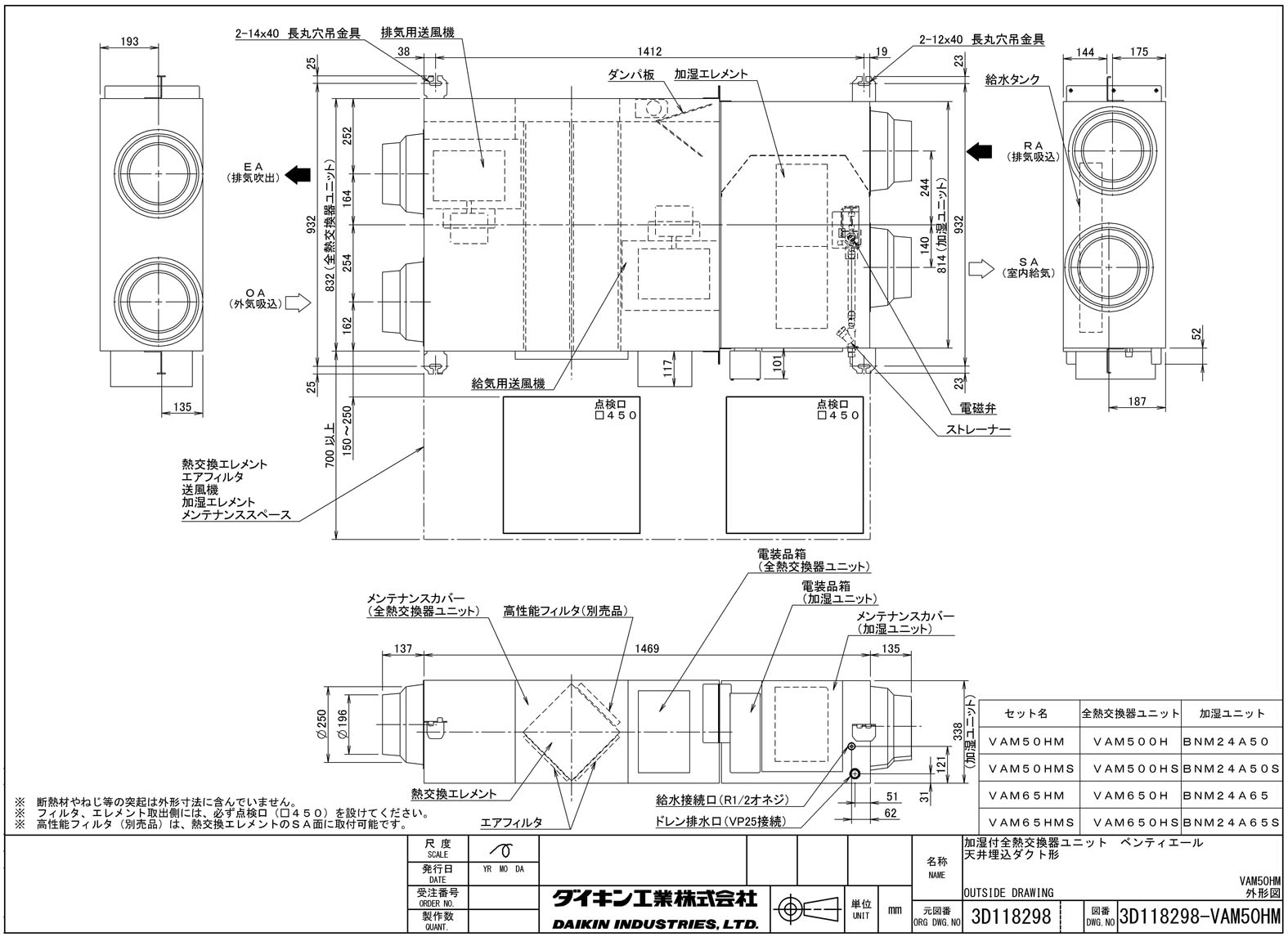 楽天市場 Vam50hmダイキン 業務用換気機器全熱交換器ユニット ベンティエール天井埋込ダクト形 加湿付 500立方メートル Hタイプ 単相0v用 タカラshop 楽天市場店