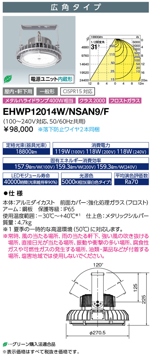 EHWP12014W NSAN9 FLED高天井用照明 フロストガラス岩崎電気 一般形