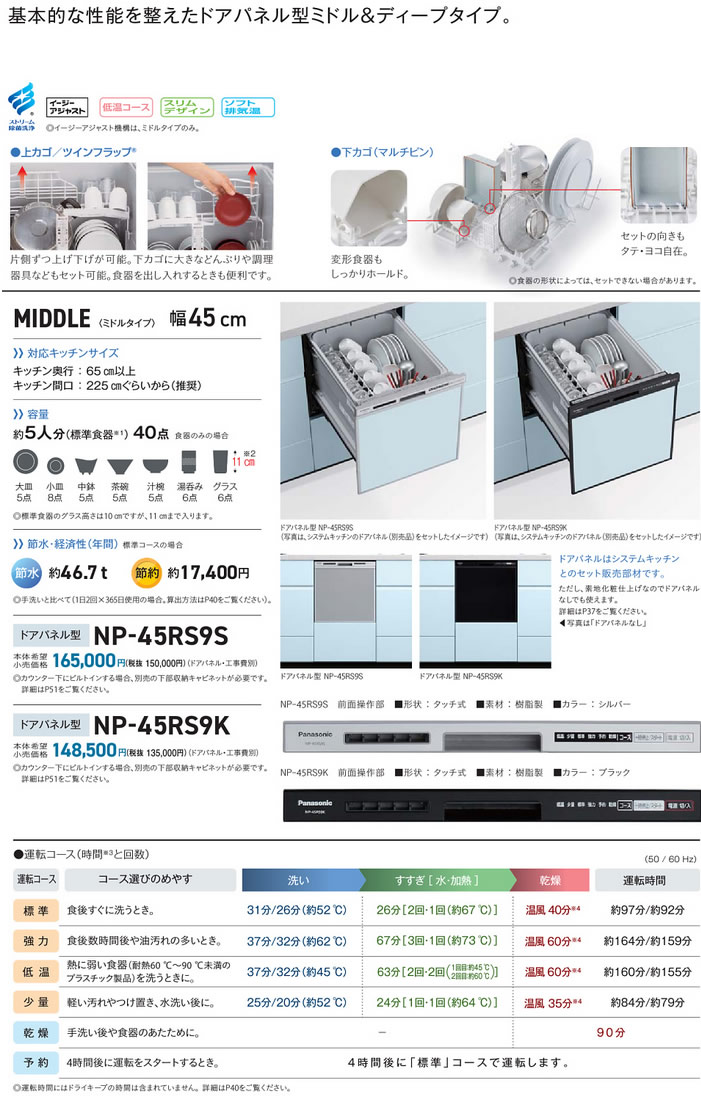 ○NP-45RS9Sビルトイン食器洗い乾燥機 R9シリーズ 奥行65cm幅45cm