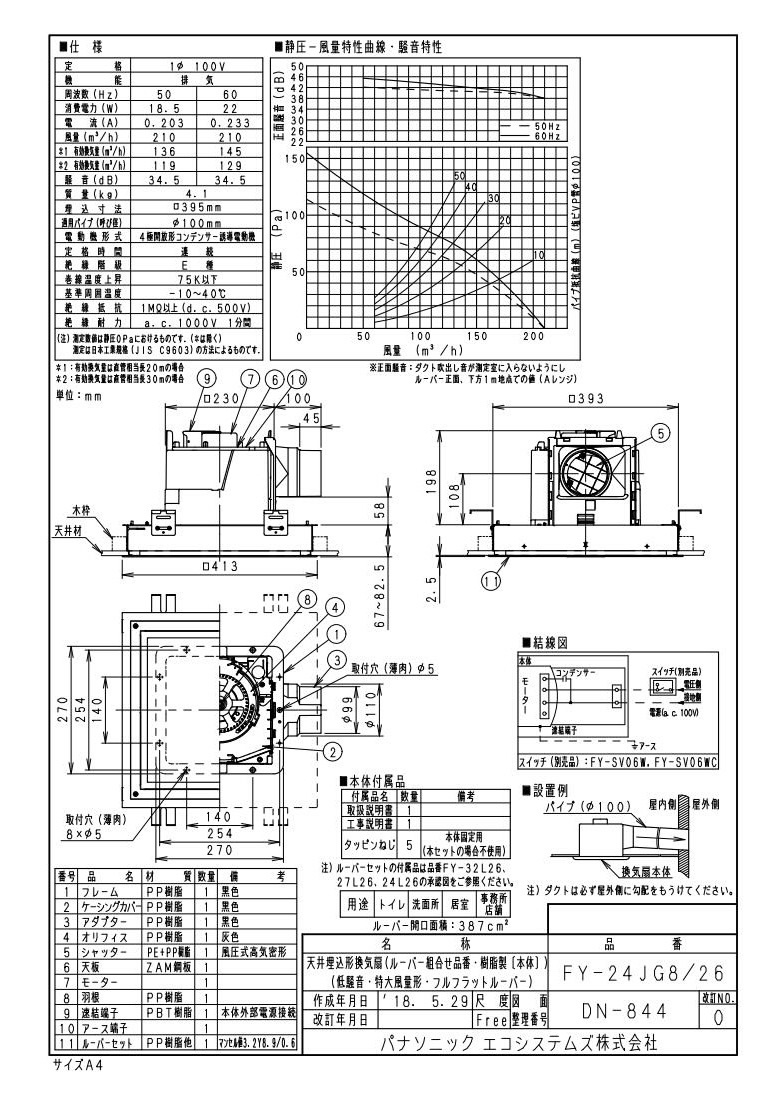 パナソニック 天井埋込形換気扇 ルーバー別売タイプ FY-27J8 h 低騒音250m3