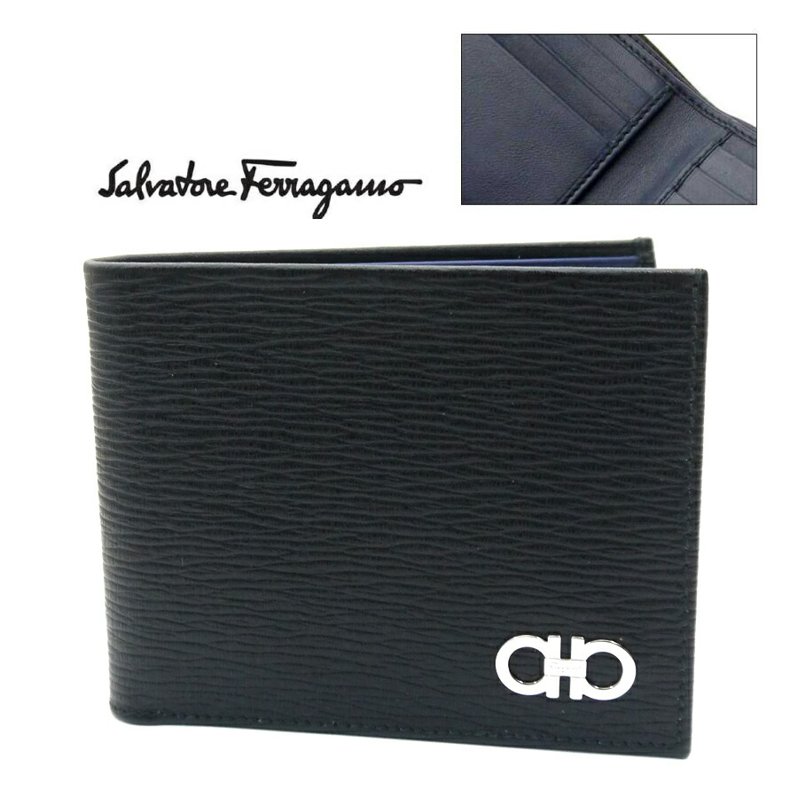 フェラガモ/Ferragamo 二つ折りメンズ札入れ 66-A064 NERO 黒いこと×内部米国海軍【即送りとどける能力のある】 財布・ケース-バッグ・小物・ブランド雑貨