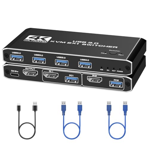 USB 3.0 KVMスイッチ HDMI 2入力1出力 パソコン2台モニター1台切り替え 5Gbps USB 切替器 1台のプリンターを2台のパソコンで使用 4K@60Hz 4 US B-A3.0ポート キーボード/マウス/プリンター/他のデバイス US Bスイッチャー US B 切り替え