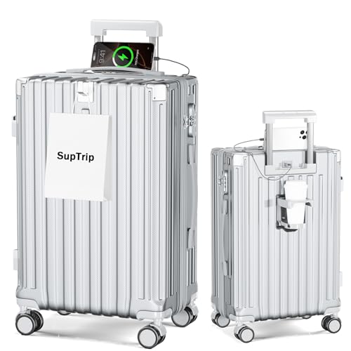 [SupTrip] スーツケース 機内持ち込み 多機能 キャリーケース 大型 超軽量 キャリーバッグ 耐衝撃 USBポート付き カップホルダー付き 充電機能 荷物フック 隠しフック機能 静音 ダブルキャスター 360度回転 修学 泊まる 旅行 出張 (シルバー, S