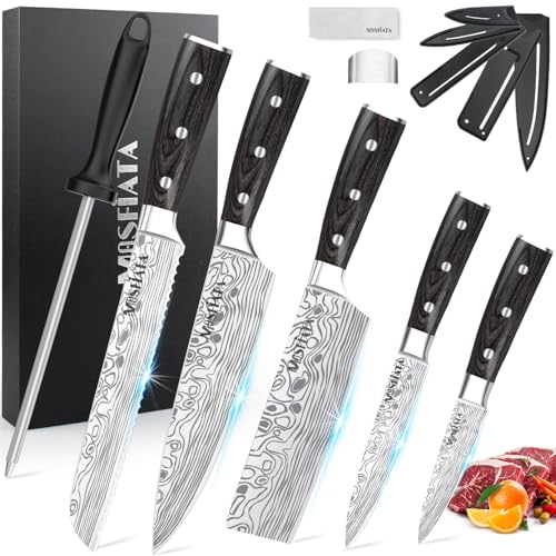 MOSFIATA包丁セット-【牛刀、三徳刀、包丁、パンナイフ、果物ナイフ】、5点セットキッチンナイフ、ハイカーボンステンレスハンドル- 178mm三徳ナイフ203mmキッチンナイフ203mmパンナイフ124 mm果物ナイフ88mm皮むきナイフ、パーフェクトプレゼント