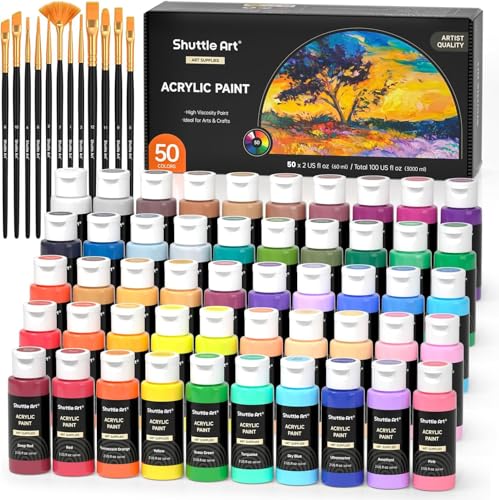 Shuttle Art アクリル絵の具 50色セット アクリル顔料 筆12本付き 速乾 防水 耐久 60ml 鮮やか メタリック 蛍光色 大容量 伸びがいい イラスト 塗り絵 クラフト DIY手作り フルイドアート ポーリングアート トールペイント