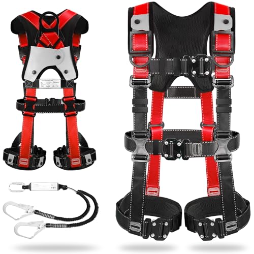 [TT TRSMIMA] フルハーネス 新規格 セット フルハーネス安全帯：全身反射 安全保護 ワンタッチ バックル 脱着簡単 ハーネス安全帯 ランヤード付き 2丁掛け 肩パッド 腿パッド 収納袋付き 墜落制止用器具 高所作業用 電気工事 落下防止 レッド