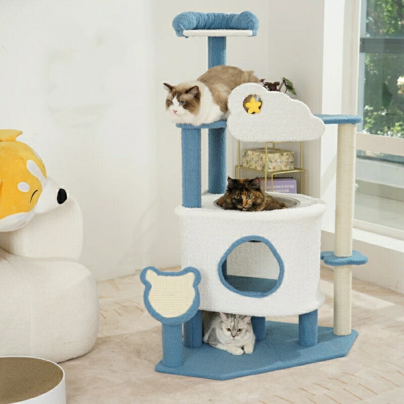 キャットタワー 大型猫 宇宙船付き 大きいハウス かわいい クリアボウル 猫タワー 大きな猫ハウス ベッド おしゃれ 多頭飼い 中型 据え置き 爪とぎ ネコ 猫用 運動不足 ストレス解消 安定性抜群 猫用品 高さ125｜ツバキshop店